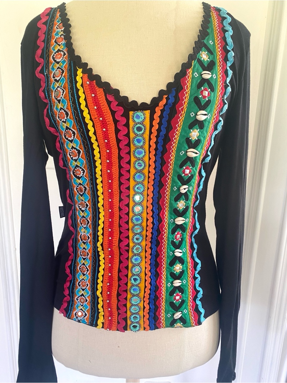 Moschino Black Long-Sleeve Top with Multicolor Embroidered Stripes